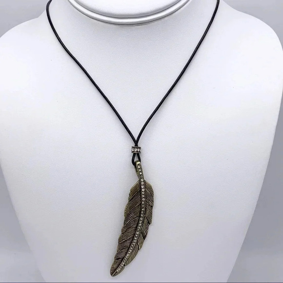 Fossil Jeweled Feather Leather Cord Necklace - Picture 1 of 2